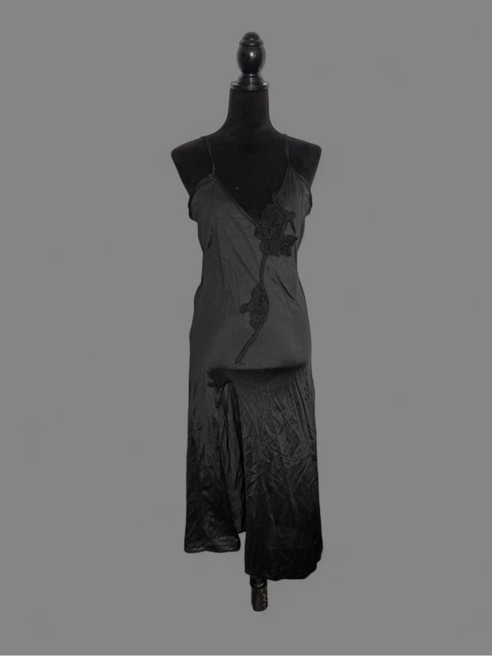 Gorgeous vintage Black Slip Dress with Floral Appliqué